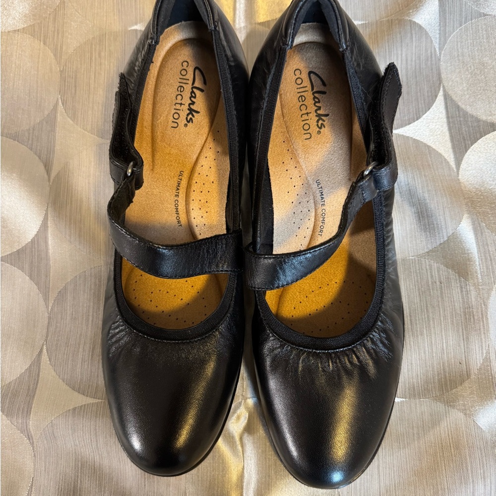 Clarks Black Leather Mary Jane Flats with Adjustable Strap